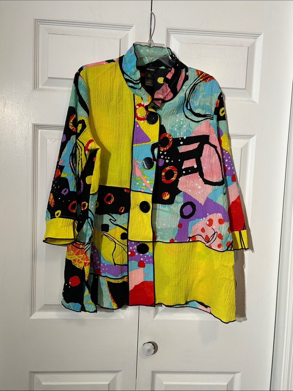 Ali Miles Multi-Color Abstract Patchwork Jacket Size L Large 3/4 Sleeves
